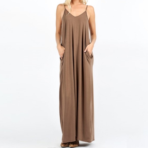 Dresses & Skirts - Mocha Pocket V-Neck Tank Maxi Dress
